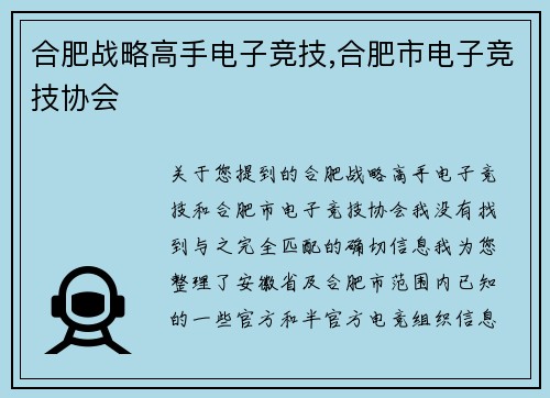 合肥战略高手电子竞技,合肥市电子竞技协会